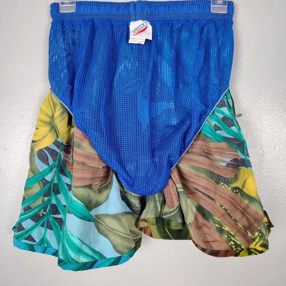 Vintage Speedo Swim Trunks Mens M Tropical Hawaiian Leaf Print Blue Green‎